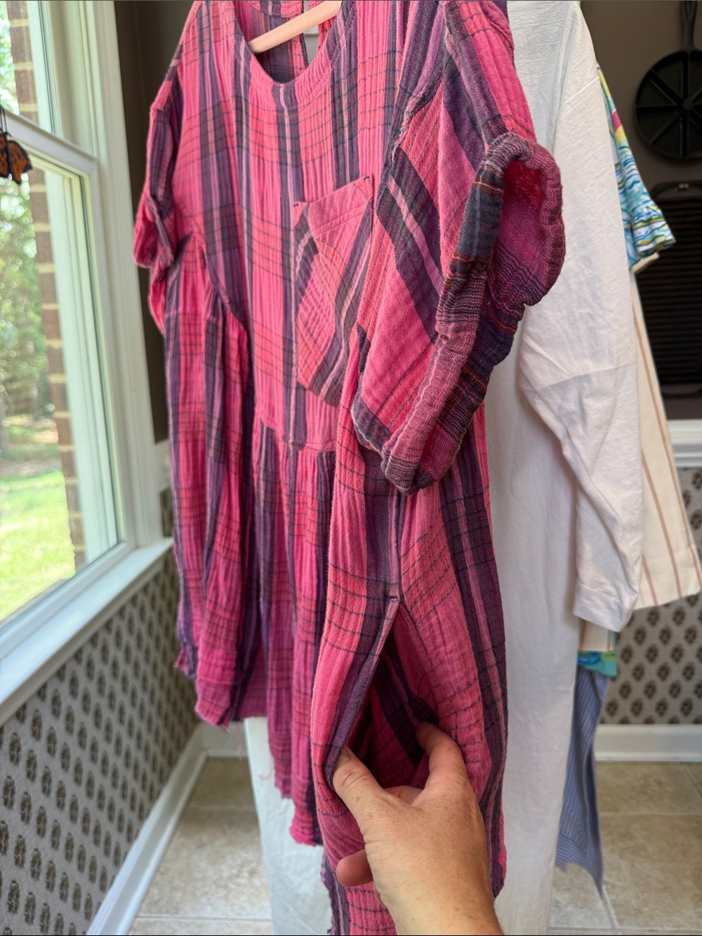 We The Free Fuchsia and Purple Plaid Short-Sleeve Tunic w/ Pockets - Picture 3 of 4